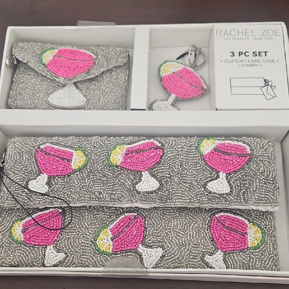 Rachel Zoe Beaded Clutch Set with Pink and White Cocktail Design